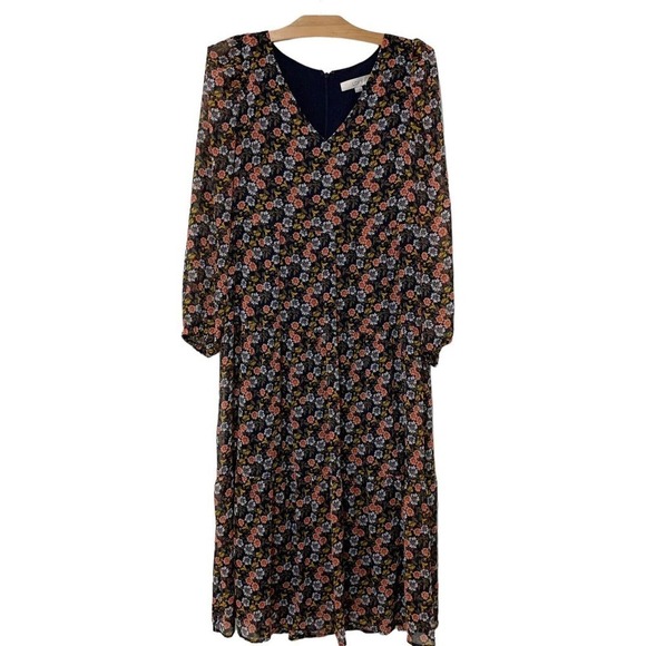 Ann Taylor LOFT | Midi Dress Long Sleeve Floral V Neck Navy- Size 10 - Picture 1 of 10